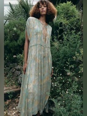 Zara Pale Blue and Gold Floral Tie-Front Maxi Dress 3690/008/022